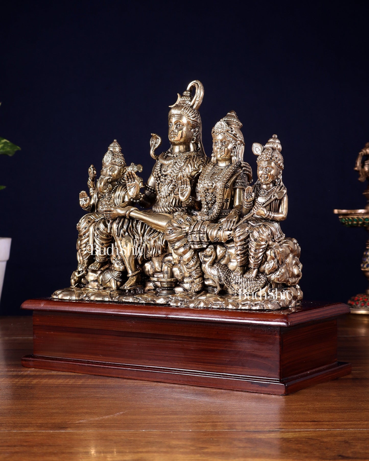 Superfine Brass Lord Shiva Parivar on Wooden Base – 9 Inch