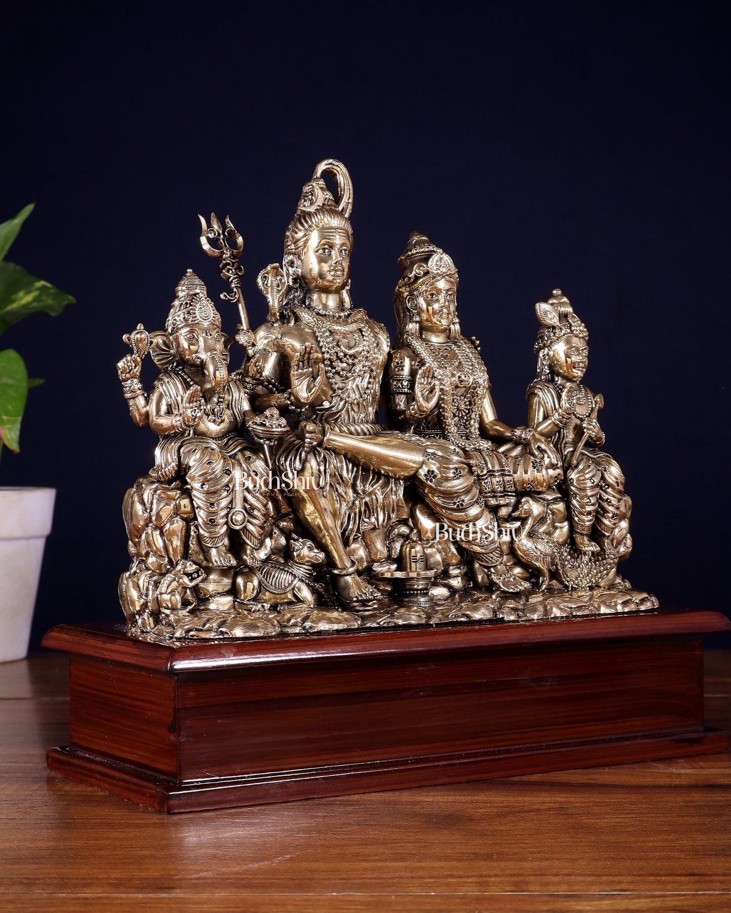 Superfine Brass Lord Shiva Parivar on Wooden Base – 9 Inch