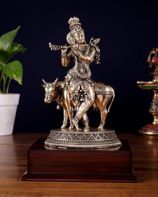 Superfine Brass Krishna with Cow on Wooden Base – 9 Inch