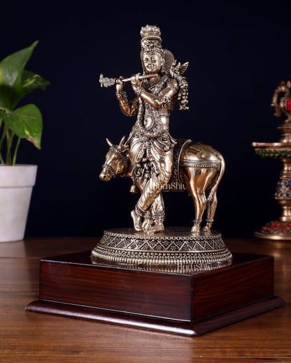 Superfine Brass Krishna with Cow on Wooden Base – 9 Inch