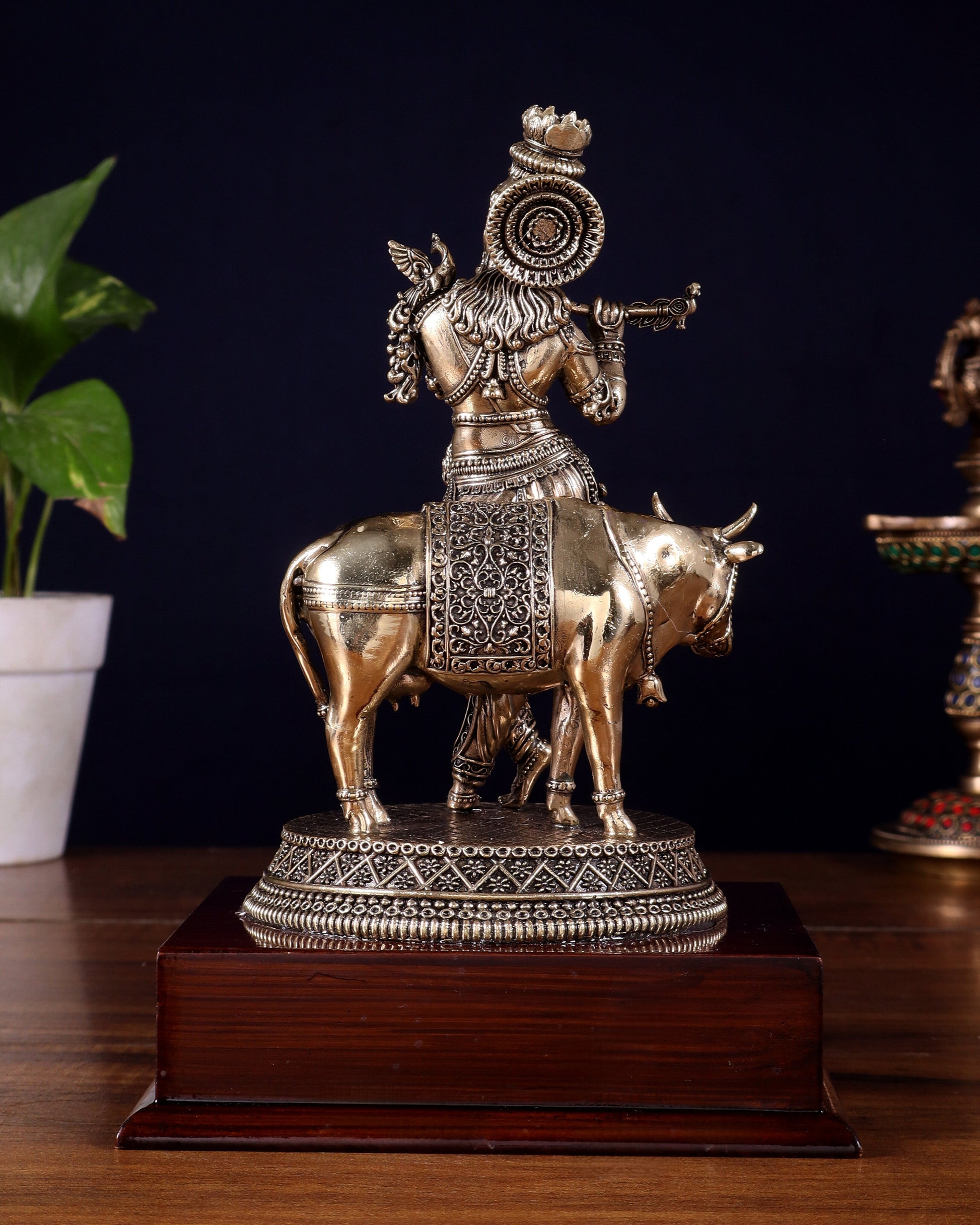 Superfine Brass Krishna with Cow on Wooden Base – 9 Inch
