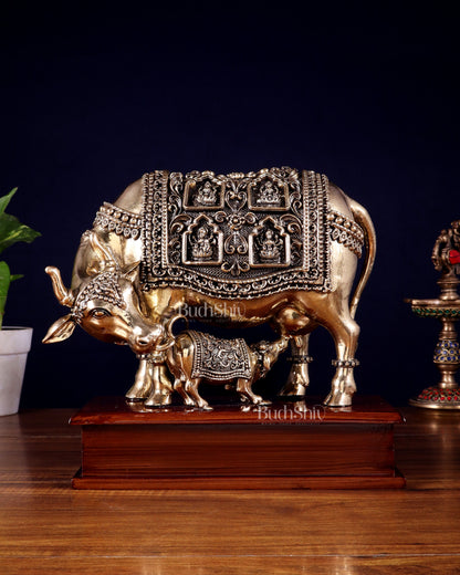 Brass Superfine Kamdhenu Cow with Calf with ashtalakshmi carvings on Wooden Base – 9.5 Inch