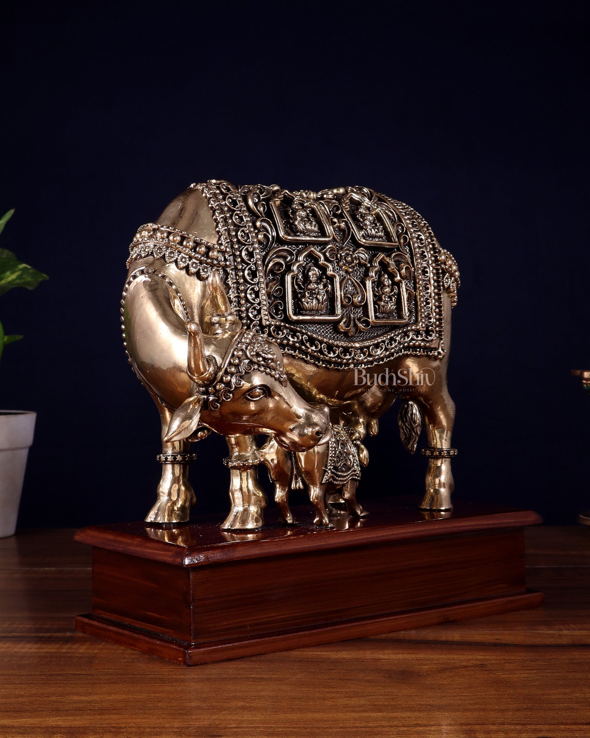 Brass Superfine Kamdhenu Cow with Calf with ashtalakshmi carvings on Wooden Base – 9.5 Inch