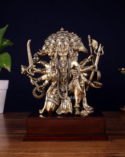 Brass Superfine Panchmukhi Hanuman Idol on Wooden Base – 8 Inch