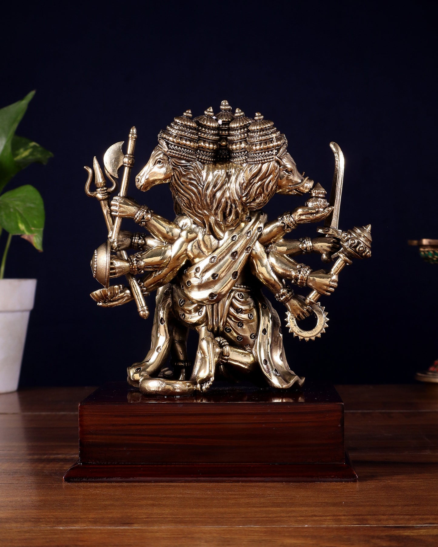 Brass Superfine Panchmukhi Hanuman Idol on Wooden Base – 8 Inch