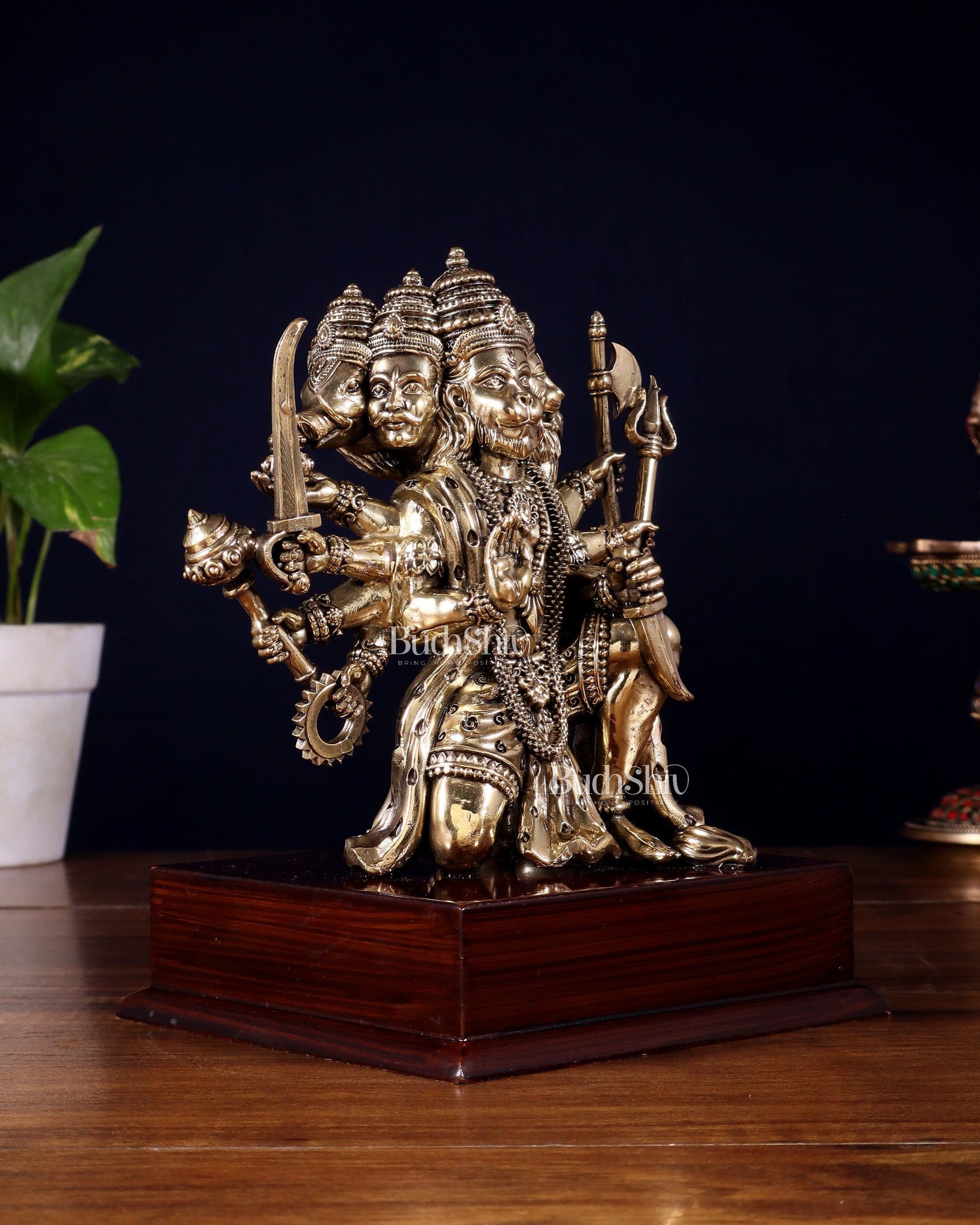Brass Superfine Panchmukhi Hanuman Idol on Wooden Base – 8 Inch