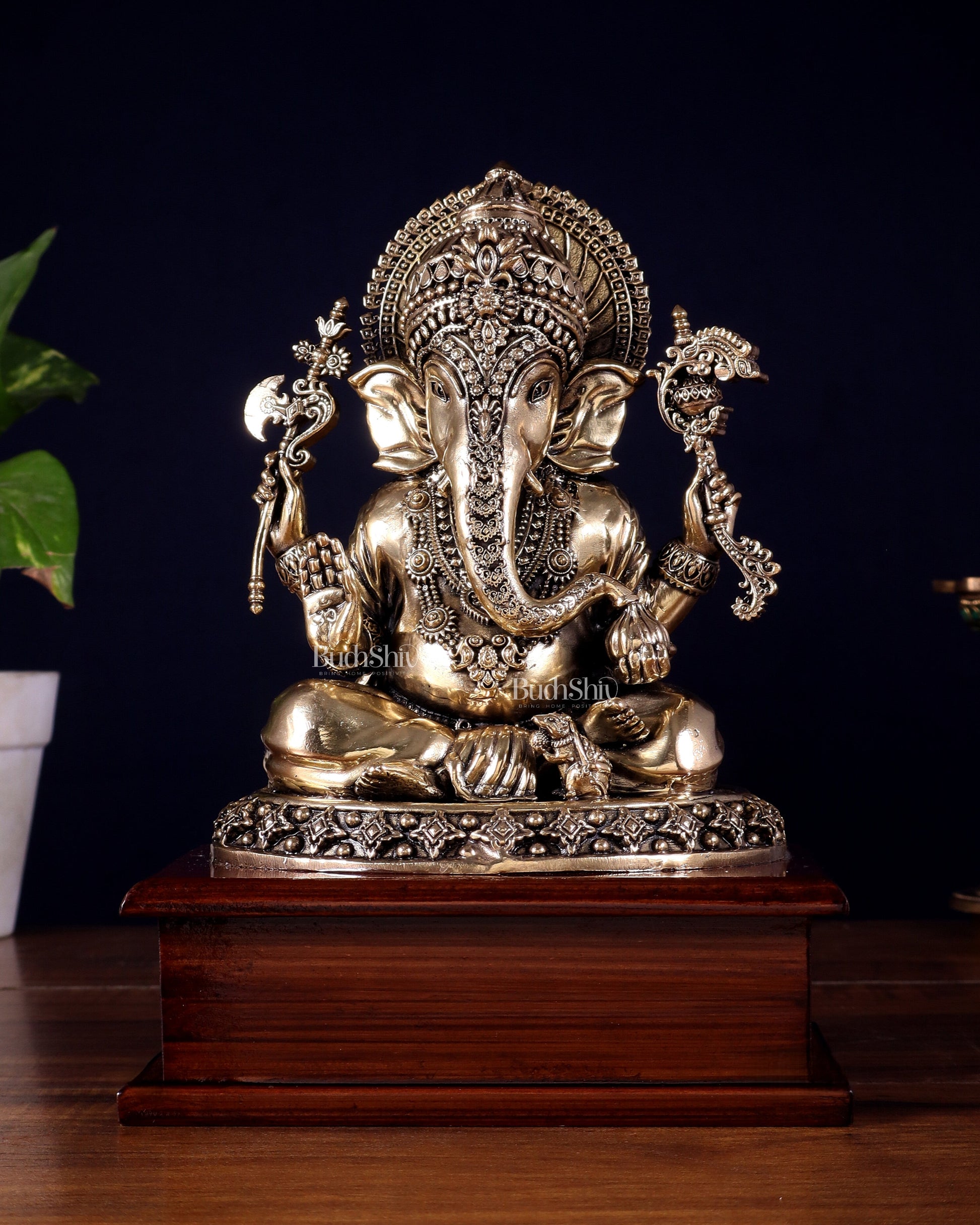Brass Superfine Lord Ganesha Statue on Wooden Base – 8.5 Inch