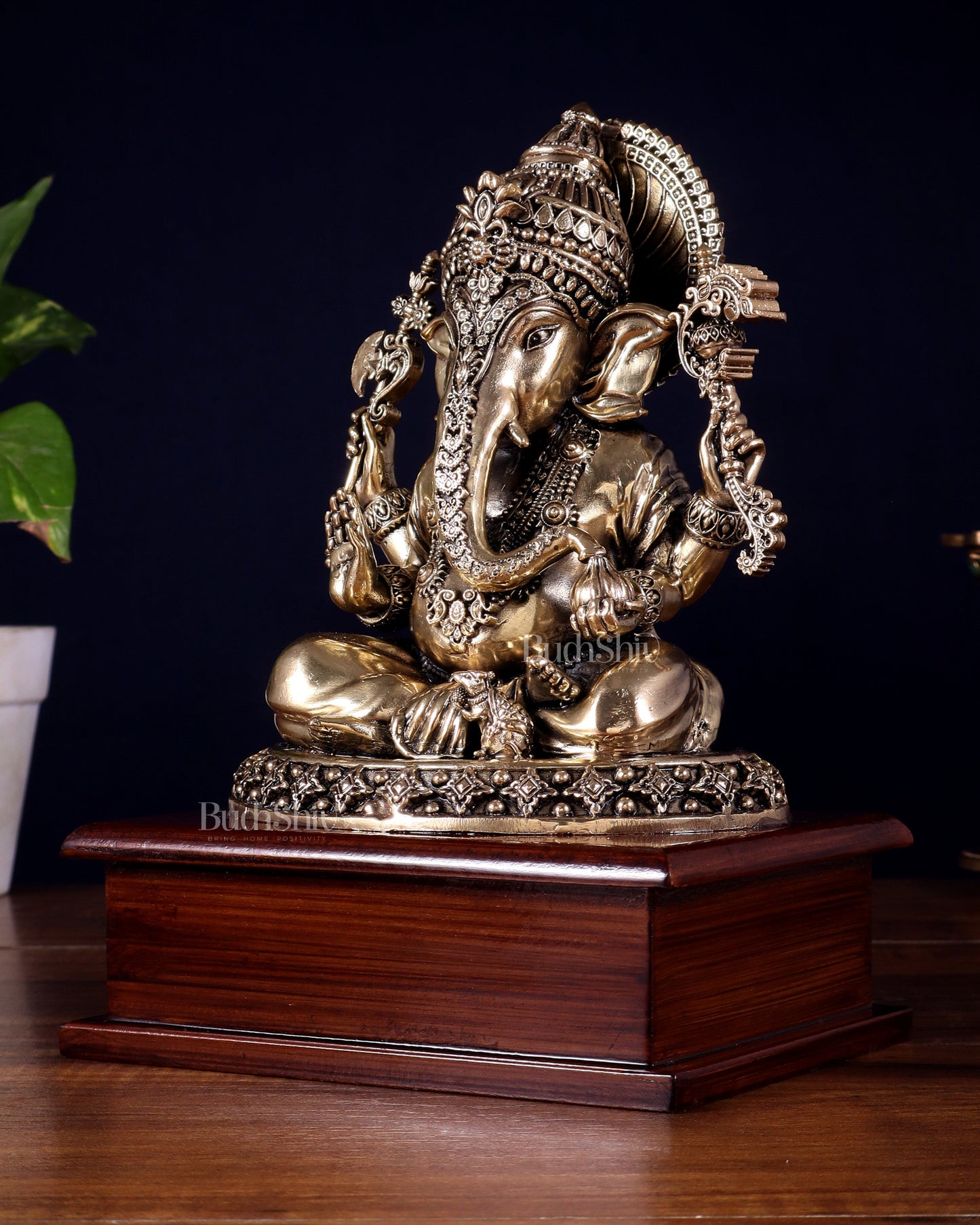 Brass Superfine Lord Ganesha Statue on Wooden Base – 8.5 Inch