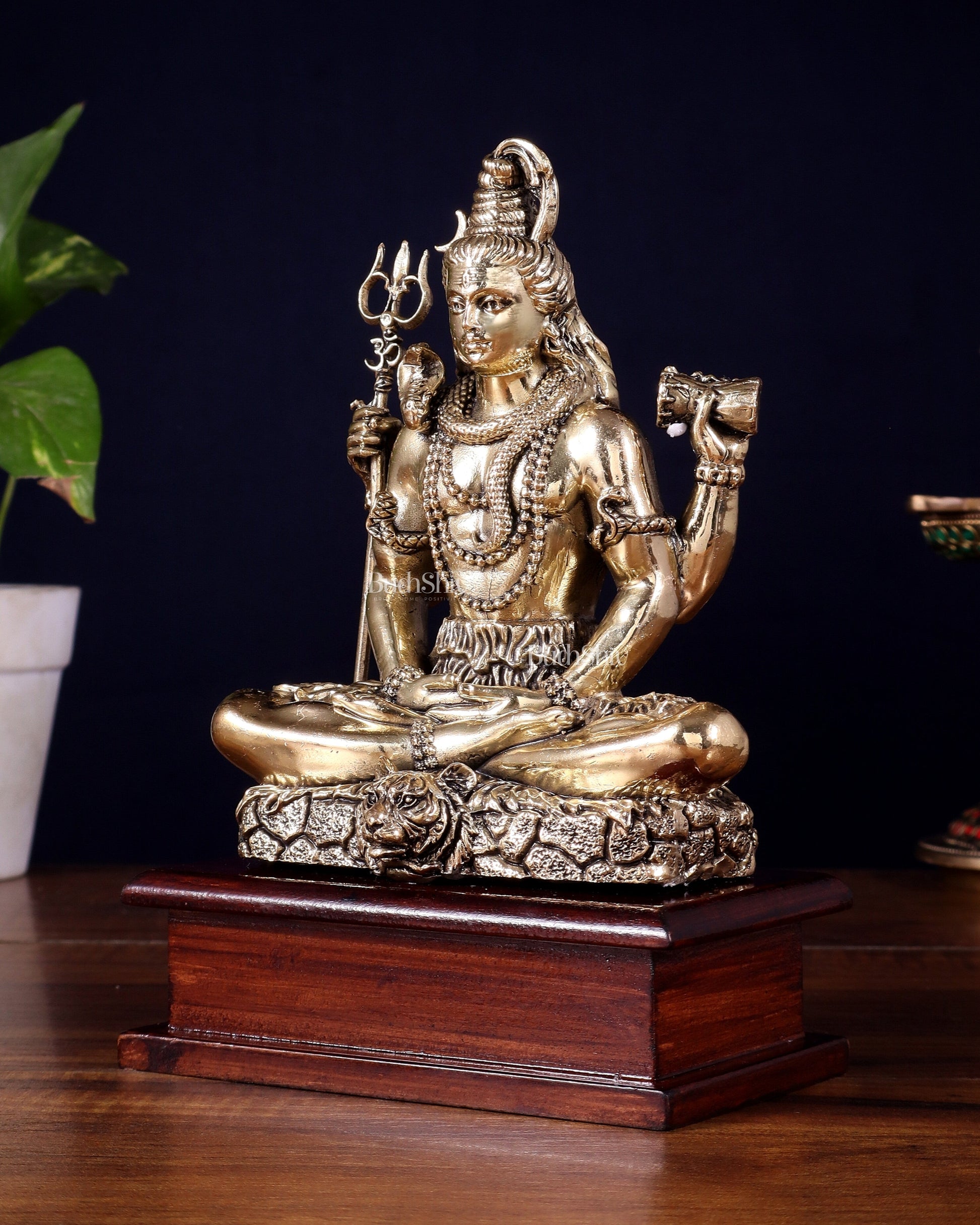 Brass Superfine Lord Shiva in Meditation Statue on Wooden Base – 8.5 Inch