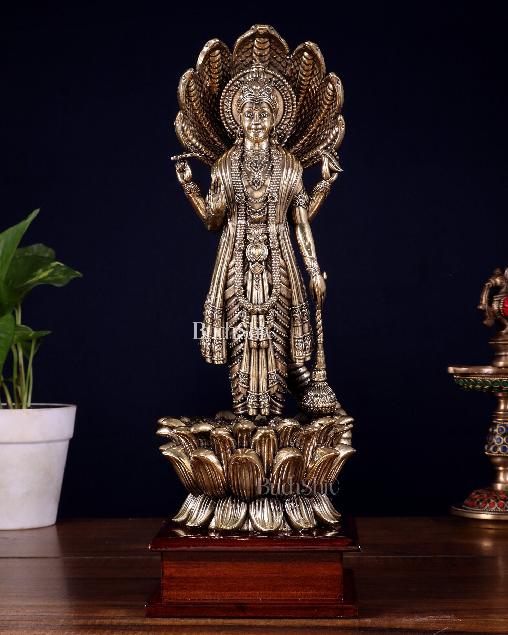Brass Superfine Lord Vishnu with Sheshanaag on Wooden Base – 12.5 Inch