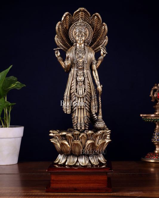 Brass Superfine Lord Vishnu with Sheshanaag on Wooden Base – 12.5 Inch