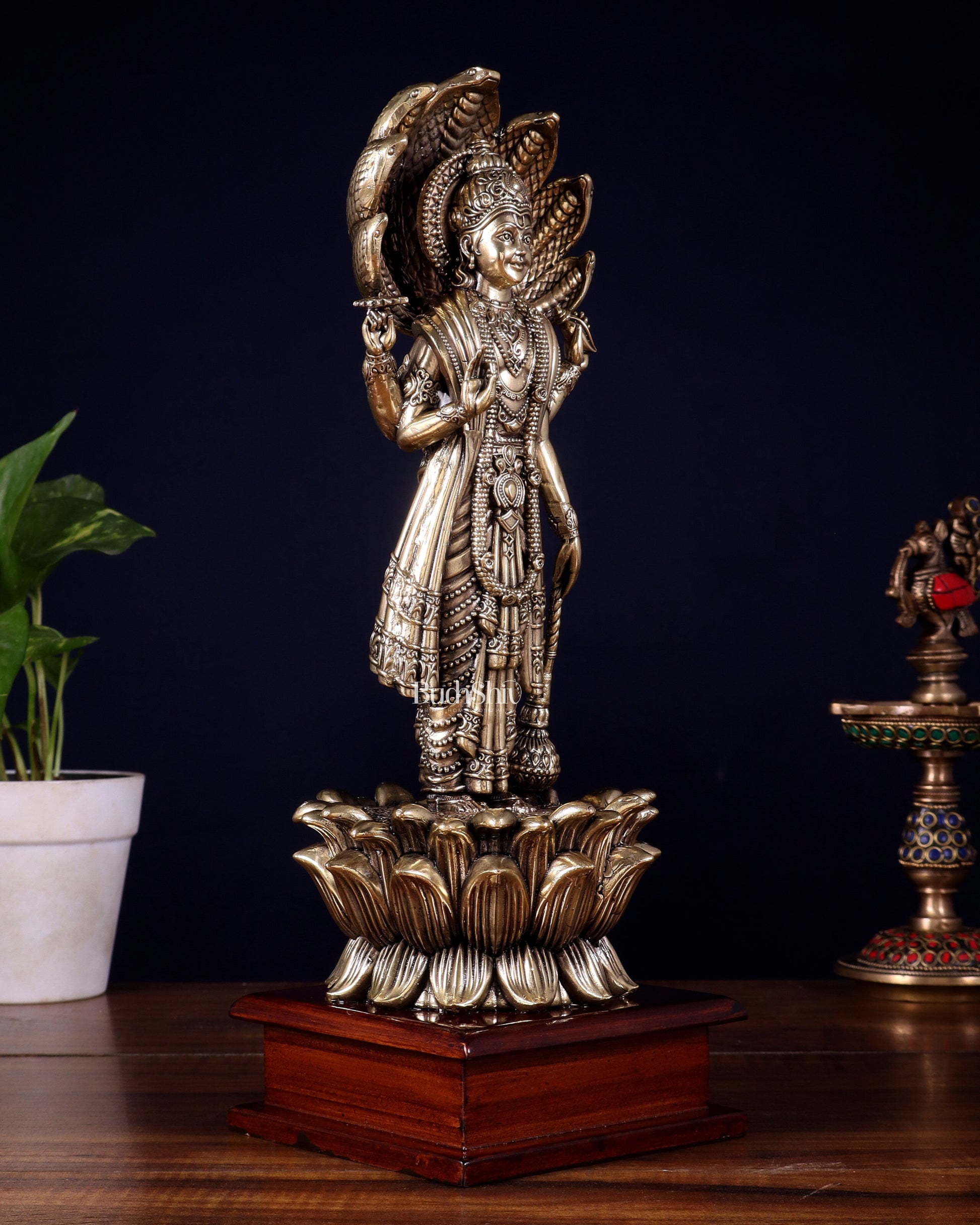 Brass Superfine Lord Vishnu with Sheshanaag on Wooden Base – 12.5 Inch