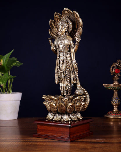 Brass Superfine Lord Vishnu with Sheshanaag on Wooden Base – 12.5 Inch