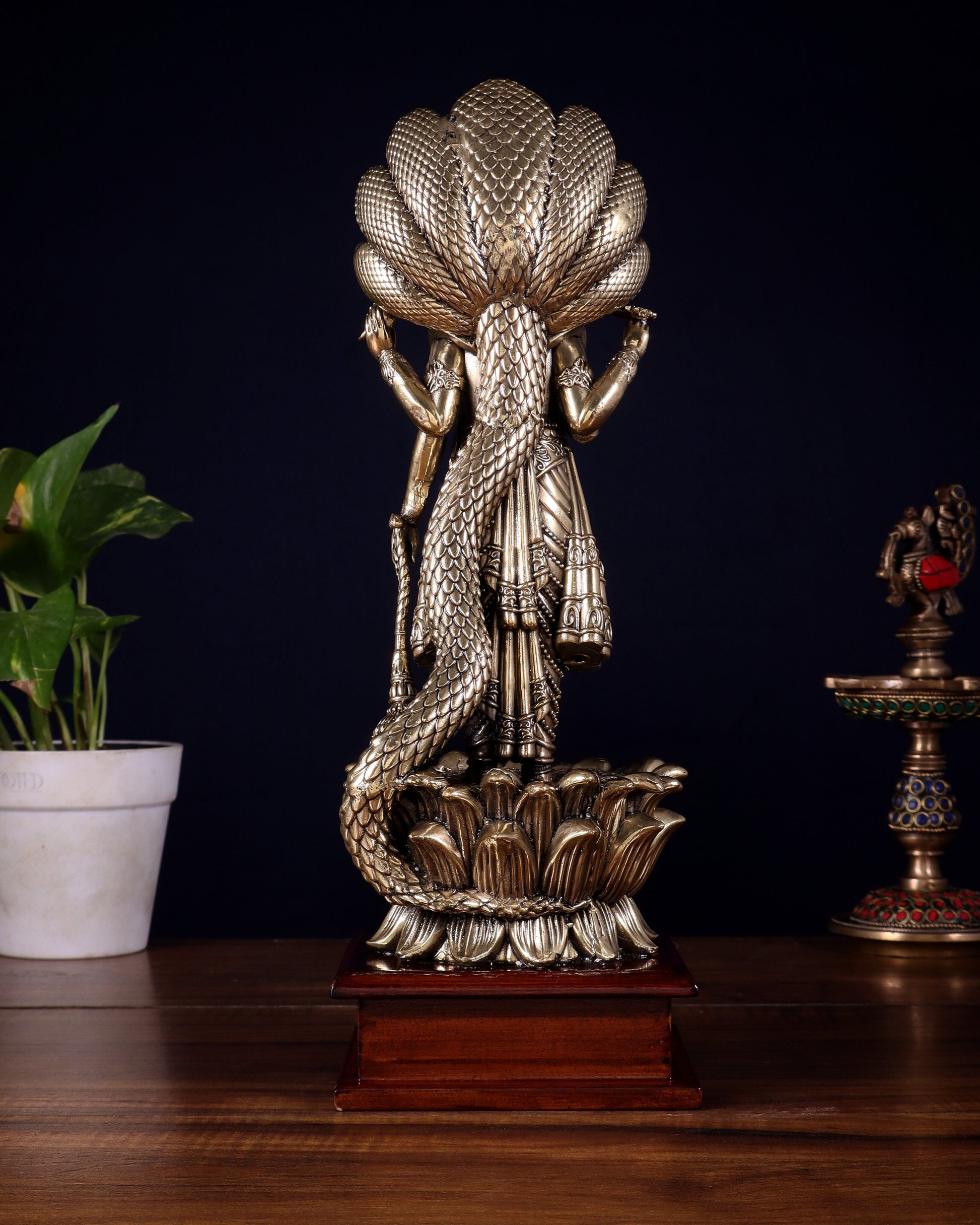 Brass Superfine Lord Vishnu with Sheshanaag on Wooden Base – 12.5 Inch