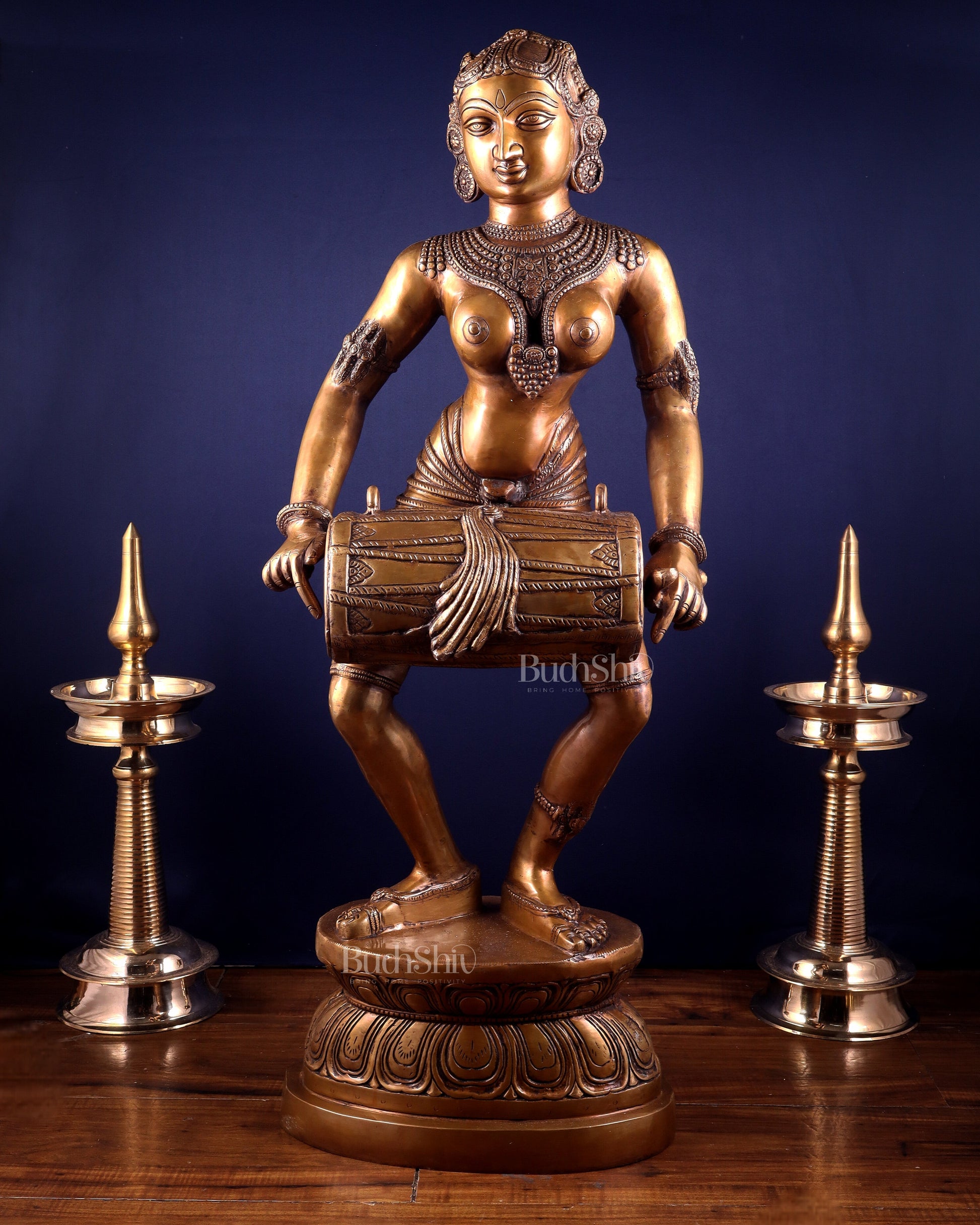 Pure Brass Large Dancing Indian Lady Playing Dholak Statue – 38 inch