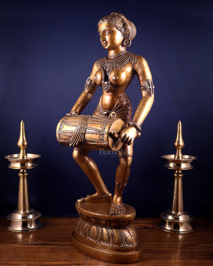 Pure Brass Large Dancing Indian Lady Playing Dholak Statue – 38 inch