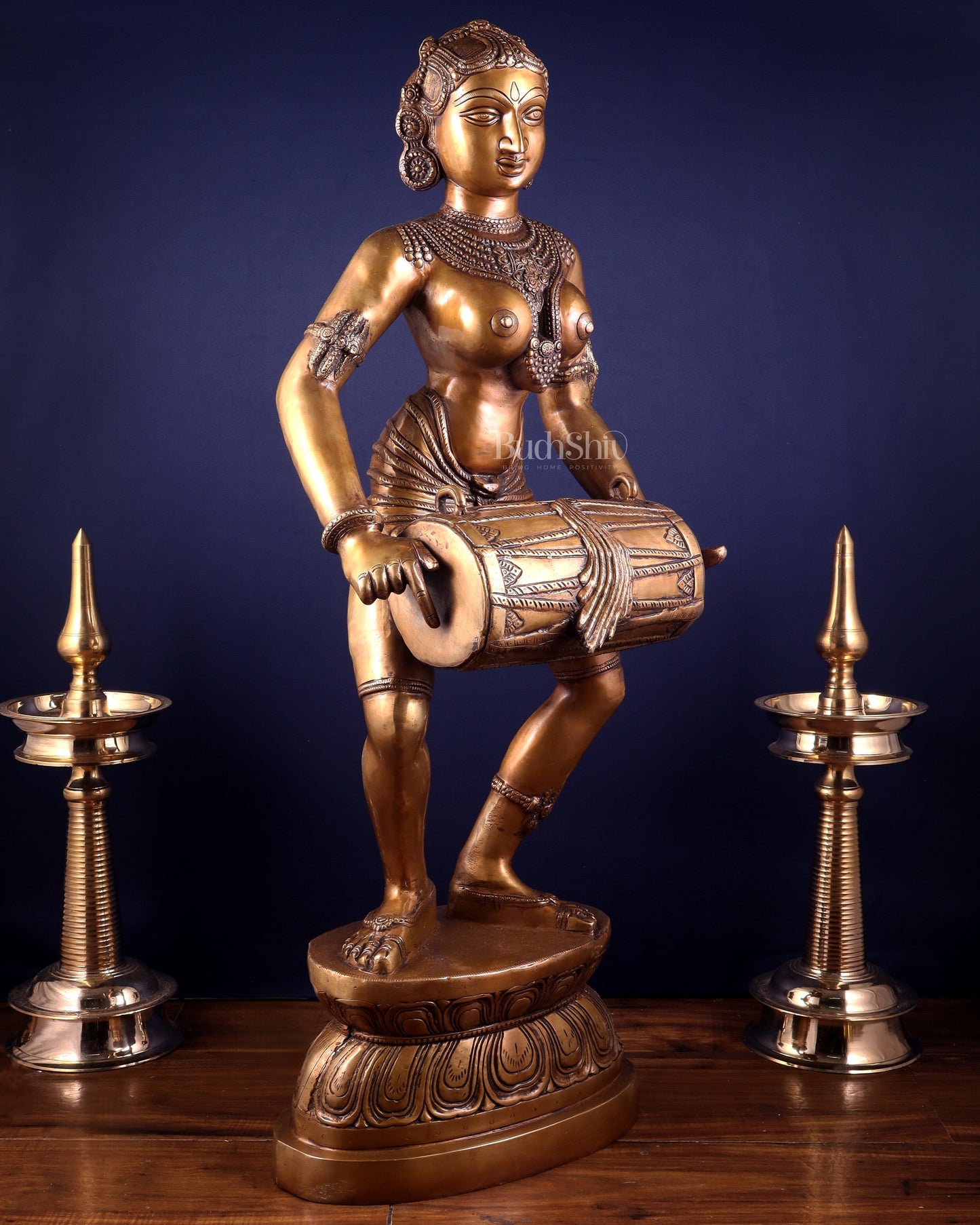 Pure Brass Large Dancing Indian Lady Playing Dholak Statue – 38 inch