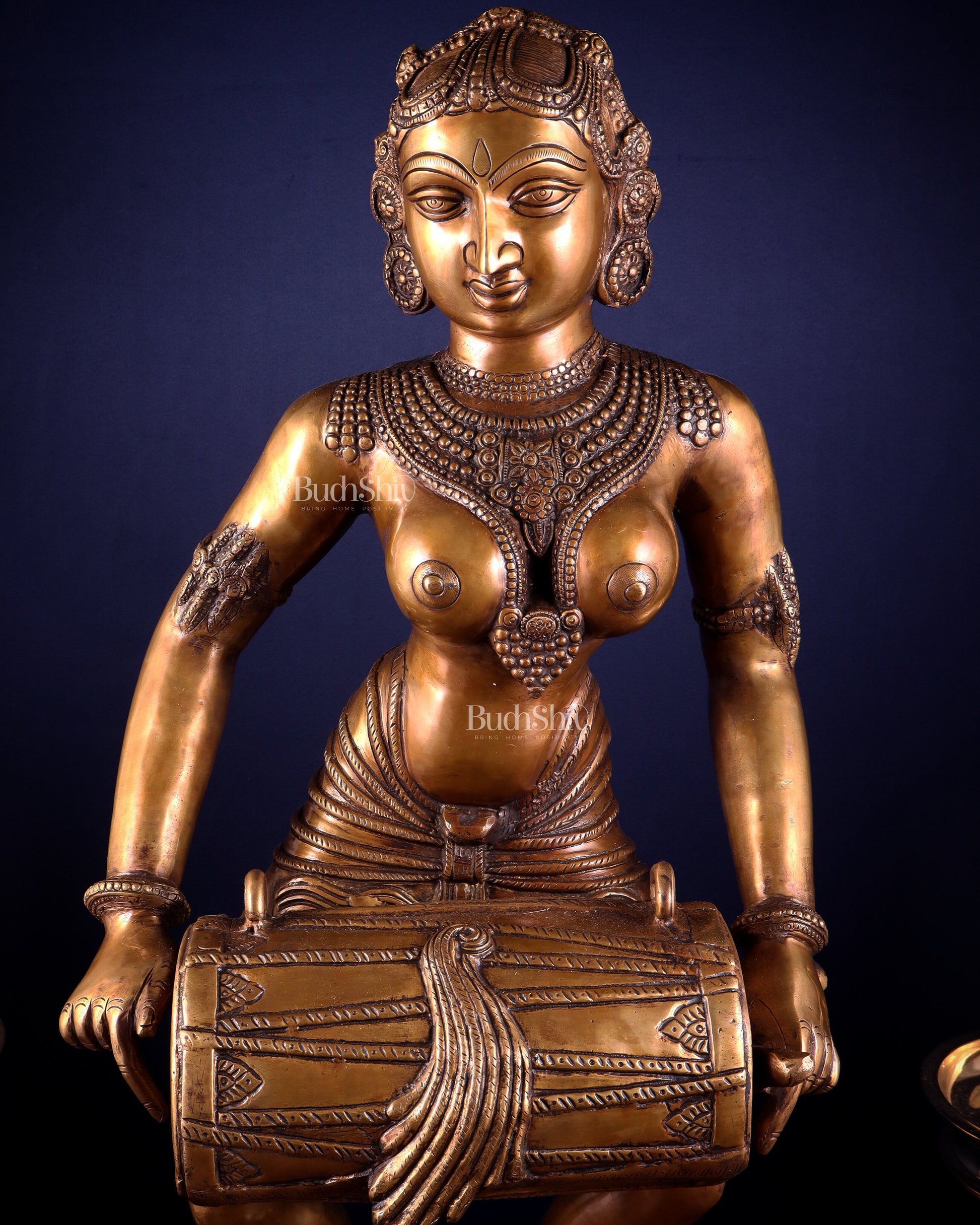 Pure Brass Large Dancing Indian Lady Playing Dholak Statue – 38 inch