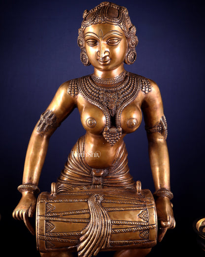 Pure Brass Large Dancing Indian Lady Playing Dholak Statue – 38 inch