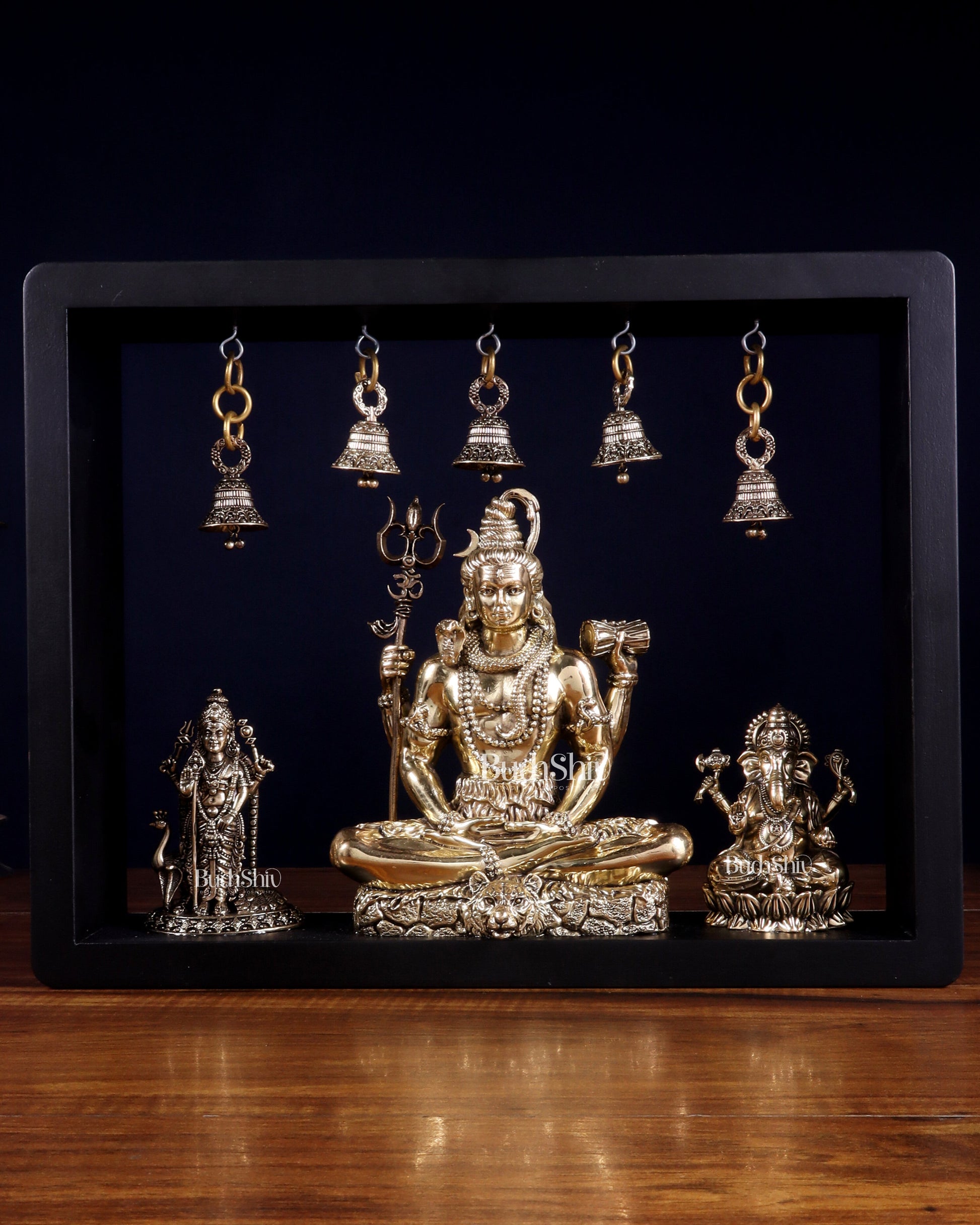 Brass Superfine Lord Shiva with Kartikeya and Ganesha Idol on MDF Frame – An Epitome of Father & Son Bond (11 Inch)