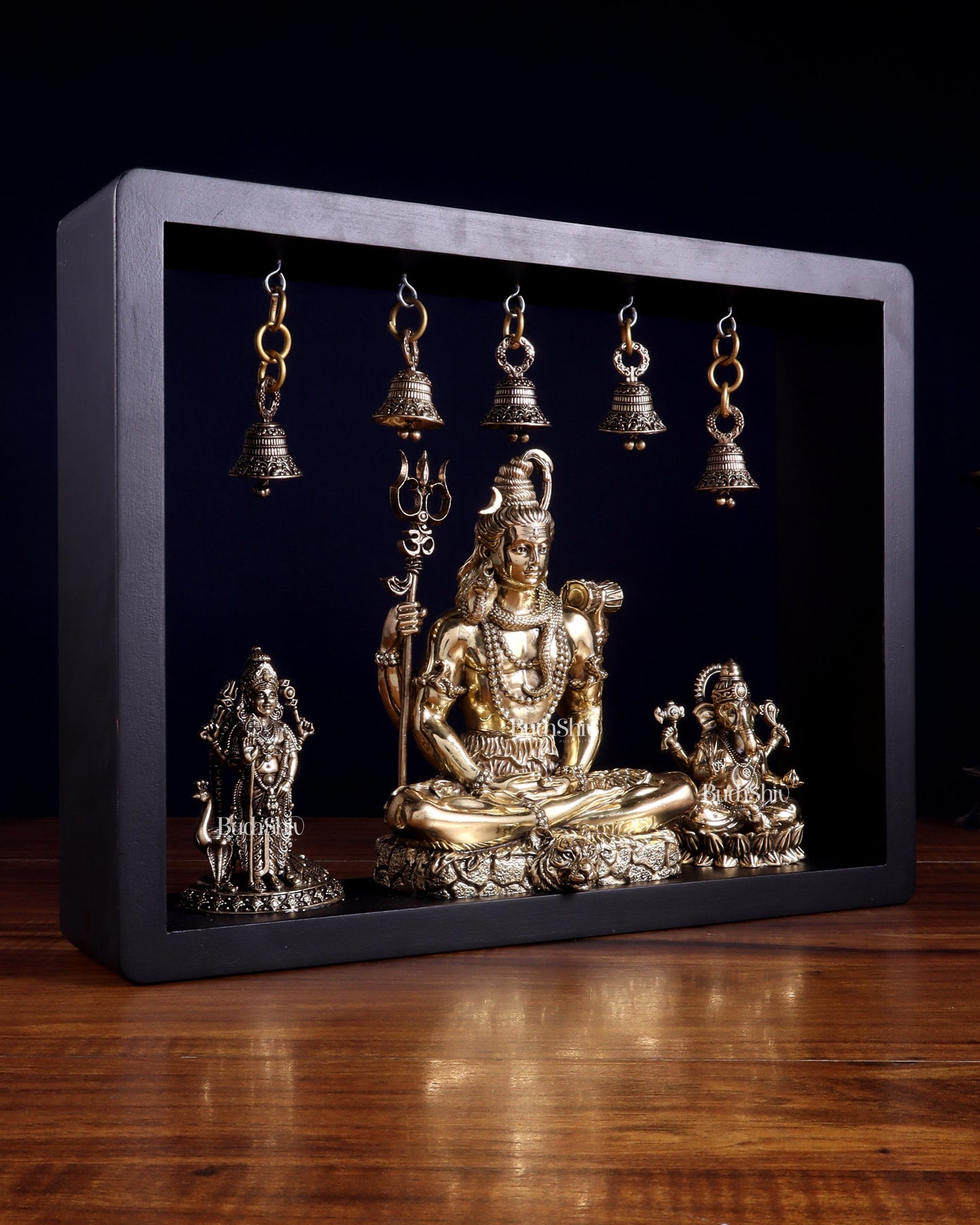 Brass Superfine Lord Shiva with Kartikeya and Ganesha Idol on MDF Frame – An Epitome of Father & Son Bond (11 Inch)