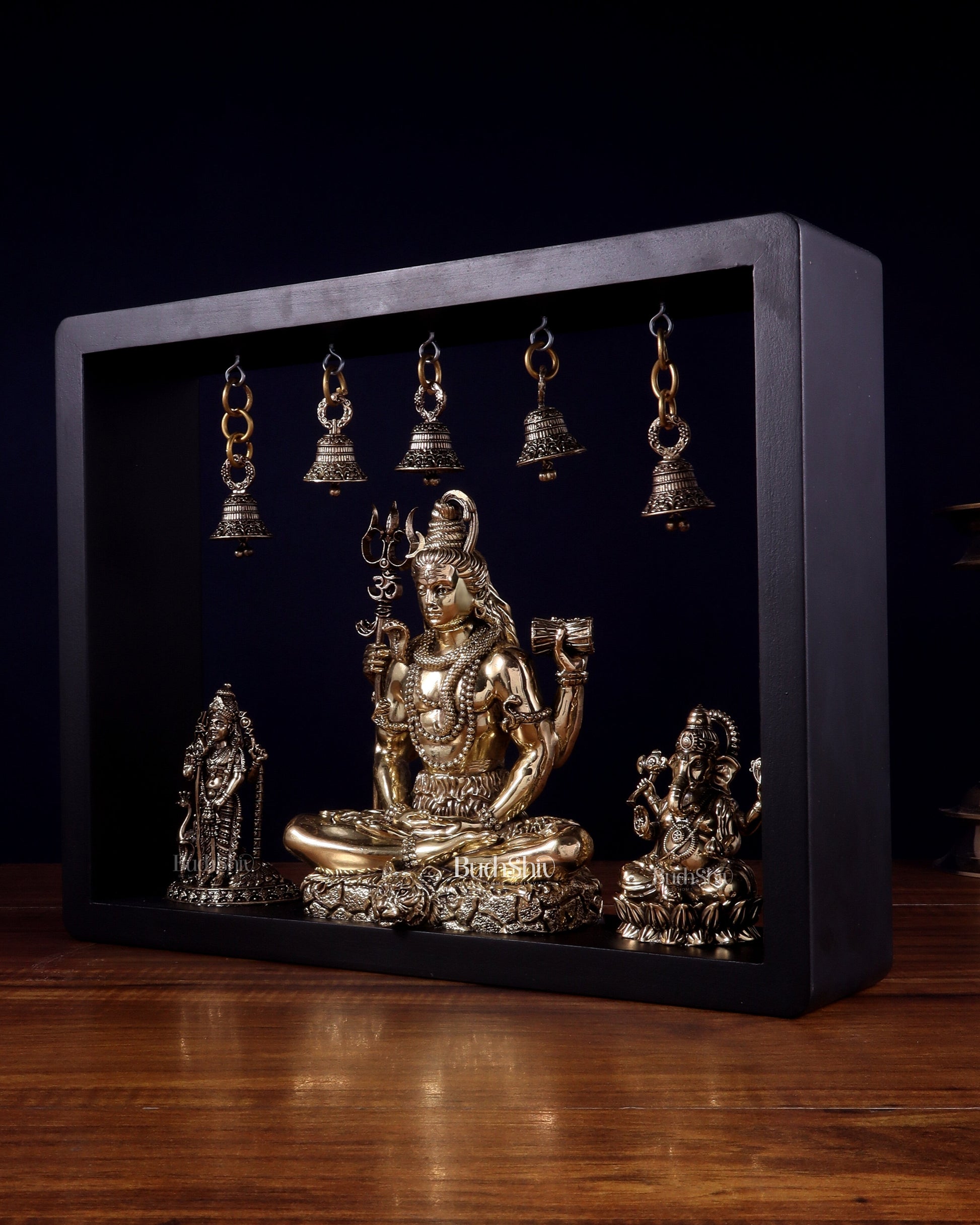 Brass Superfine Lord Shiva with Kartikeya and Ganesha Idol on MDF Frame – An Epitome of Father & Son Bond (11 Inch)