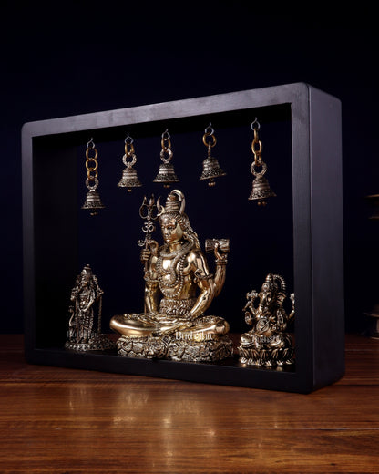 Brass Superfine Lord Shiva with Kartikeya and Ganesha Idol on MDF Frame – An Epitome of Father & Son Bond (11 Inch)