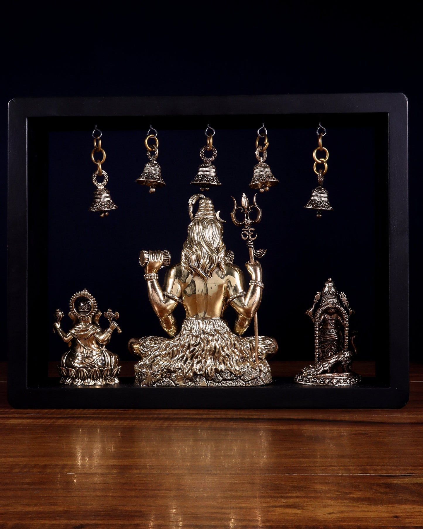 Brass Superfine Lord Shiva with Kartikeya and Ganesha Idol on MDF Frame – An Epitome of Father & Son Bond (11 Inch)