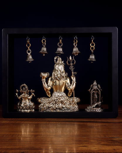 Brass Superfine Lord Shiva with Kartikeya and Ganesha Idol on MDF Frame – An Epitome of Father & Son Bond (11 Inch)