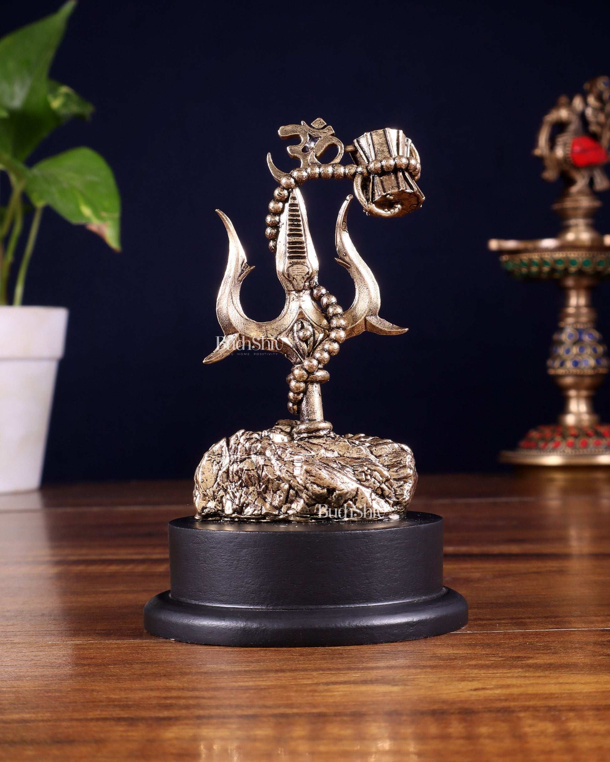 Brass Superfine Lord Shiva Trishul with Damru & Rudraksha Mala on MDF Base – 5 Inch
