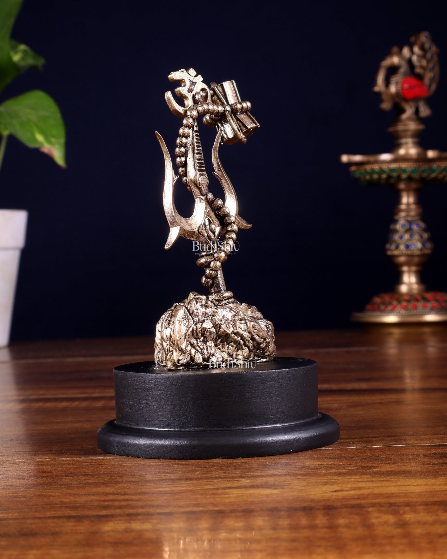 Brass Superfine Lord Shiva Trishul with Damru & Rudraksha Mala on MDF Base – 5 Inch