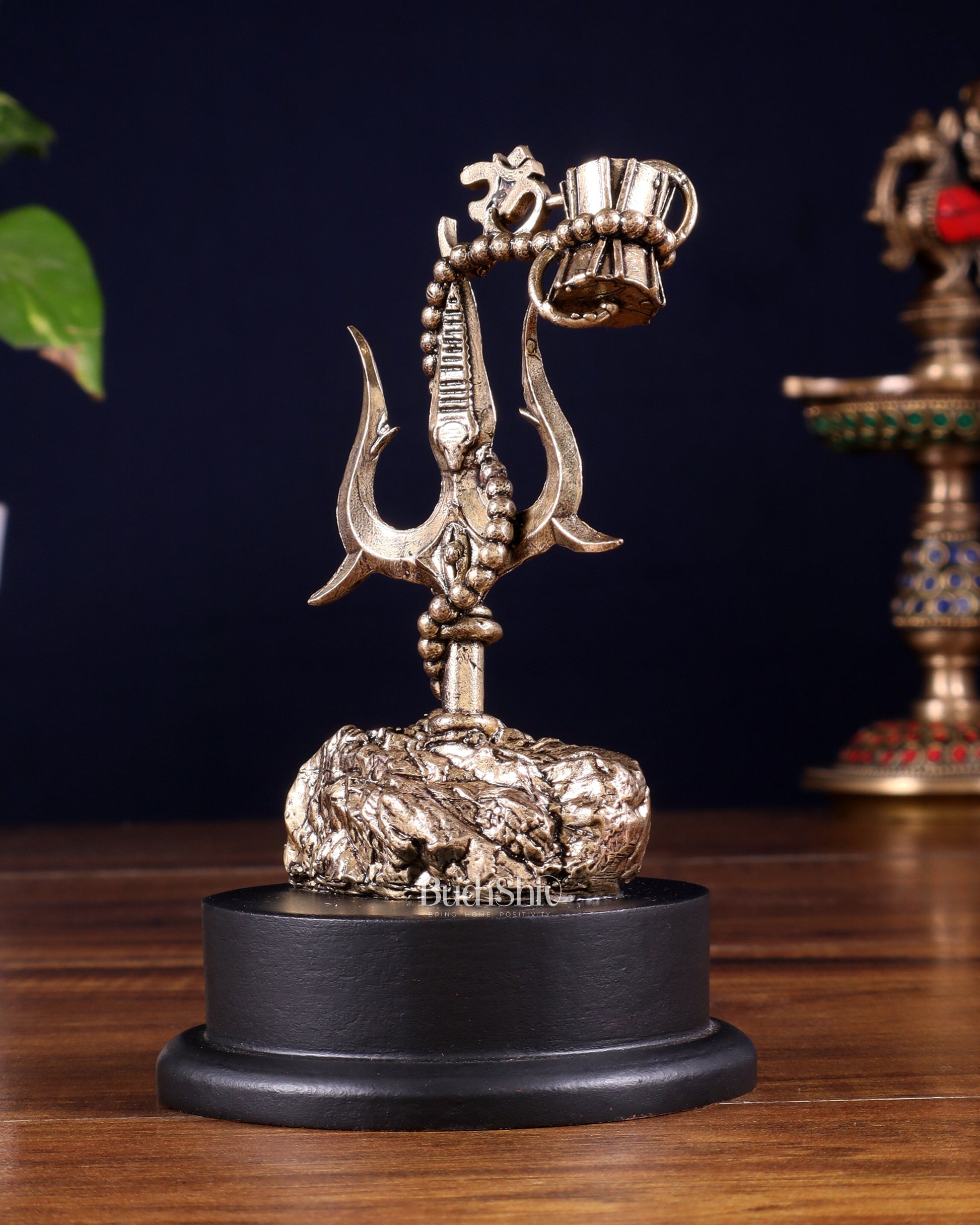 Brass Superfine Lord Shiva Trishul with Damru & Rudraksha Mala on MDF Base – 5 Inch