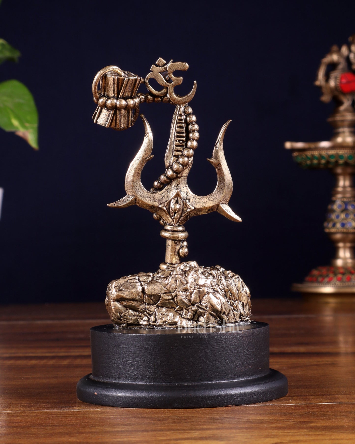 Brass Superfine Lord Shiva Trishul with Damru & Rudraksha Mala on MDF Base – 5 Inch