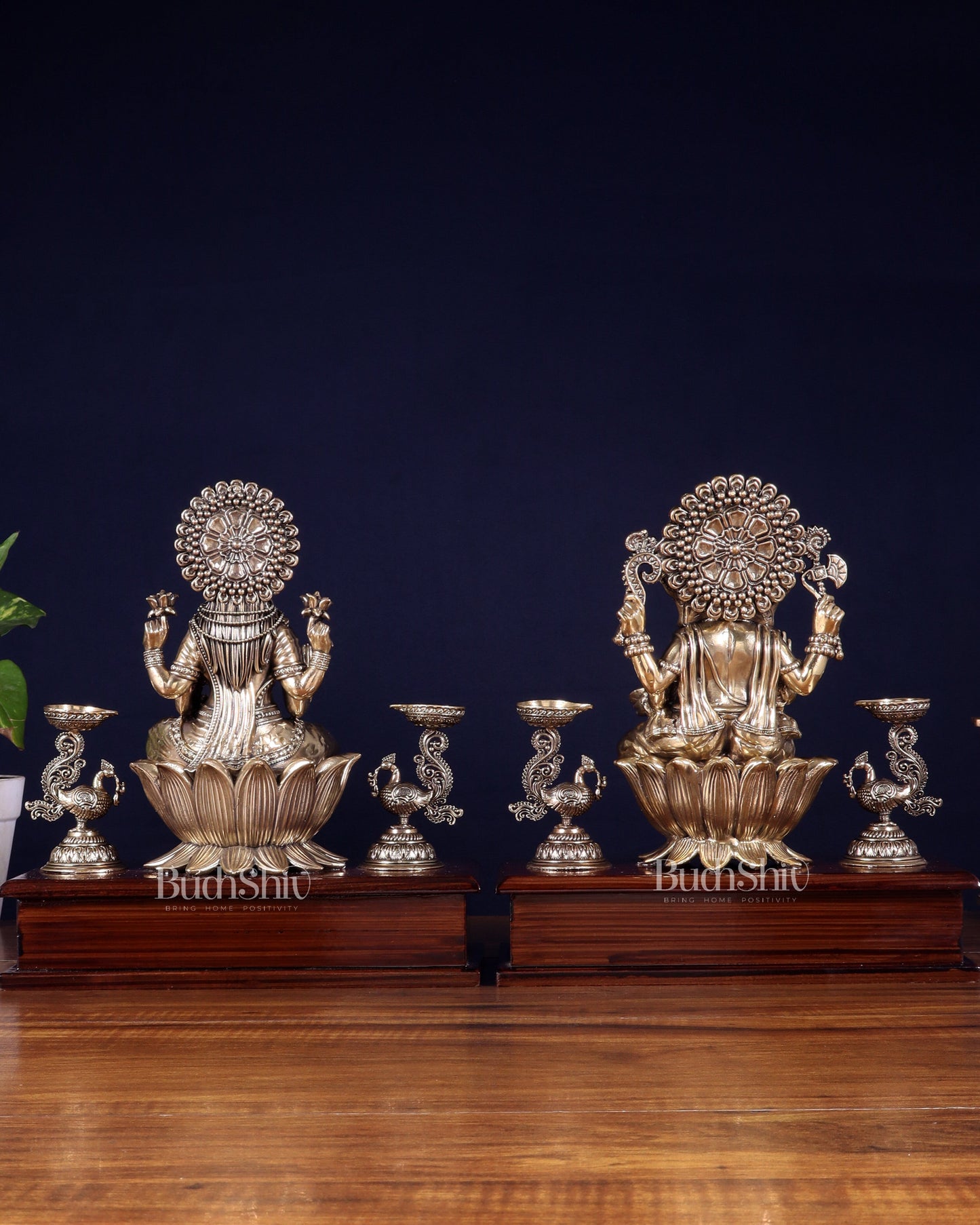 Brass Superfine Ganesh–Lakshmi Pair with Twin Peacock Lamps on Wooden Base – 9.5 Inch