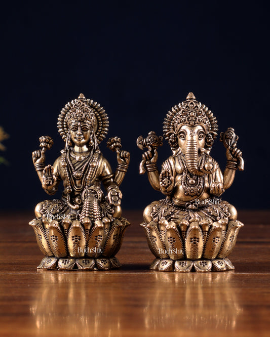 Brass Superfine Ganesh–Lakshmi on Lotus Idol Pair – Miniature (2.5 Inch)