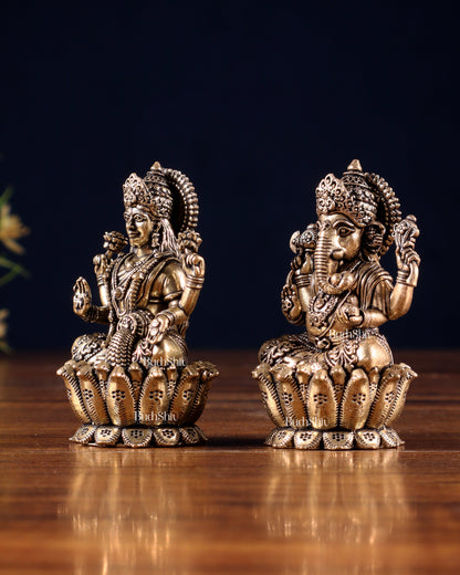 Brass Superfine Ganesh–Lakshmi on Lotus Idol Pair – Miniature (2.5 Inch)