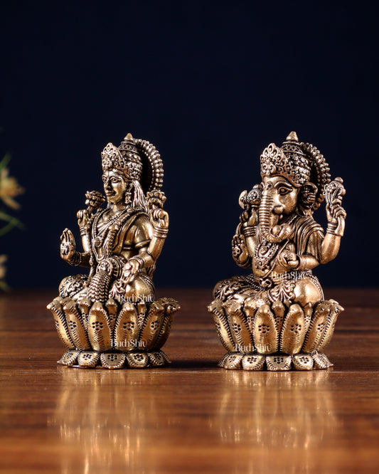 Brass Superfine Ganesh–Lakshmi on Lotus Idol Pair – Miniature (2.5 Inch)