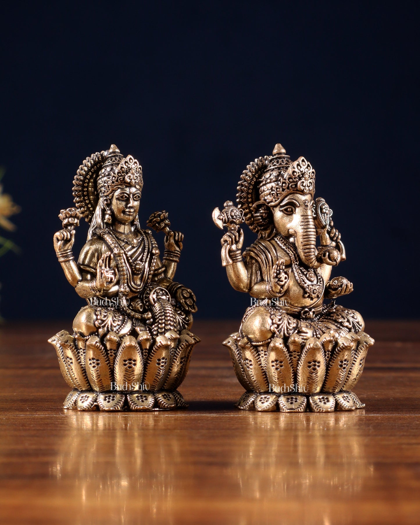 Brass Superfine Ganesh–Lakshmi on Lotus Idol Pair – Miniature (2.5 Inch)