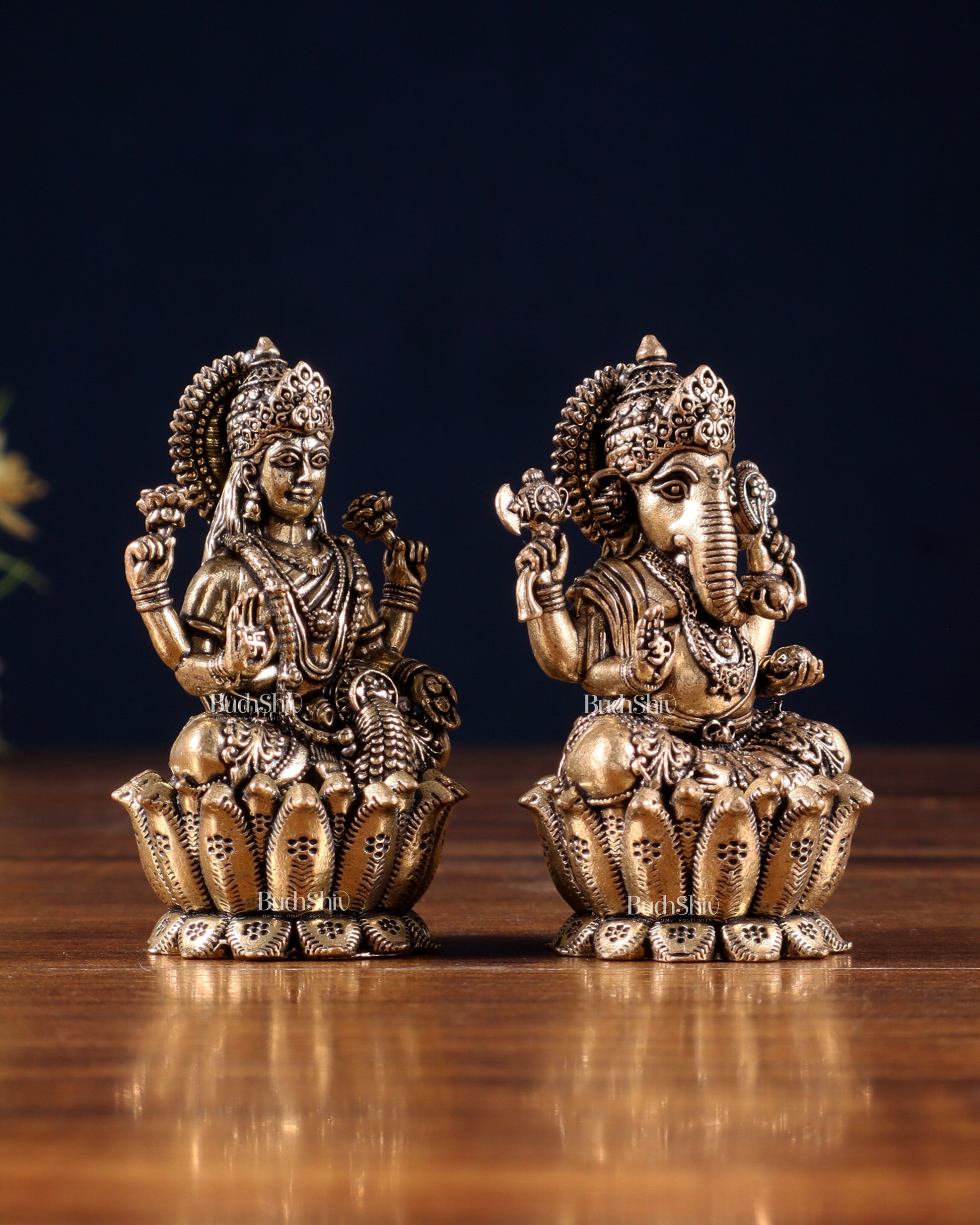 Brass Superfine Ganesh–Lakshmi on Lotus Idol Pair – Miniature (2.5 Inch)