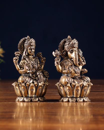 Brass Superfine Ganesh–Lakshmi on Lotus Idol Pair – Miniature (2.5 Inch)