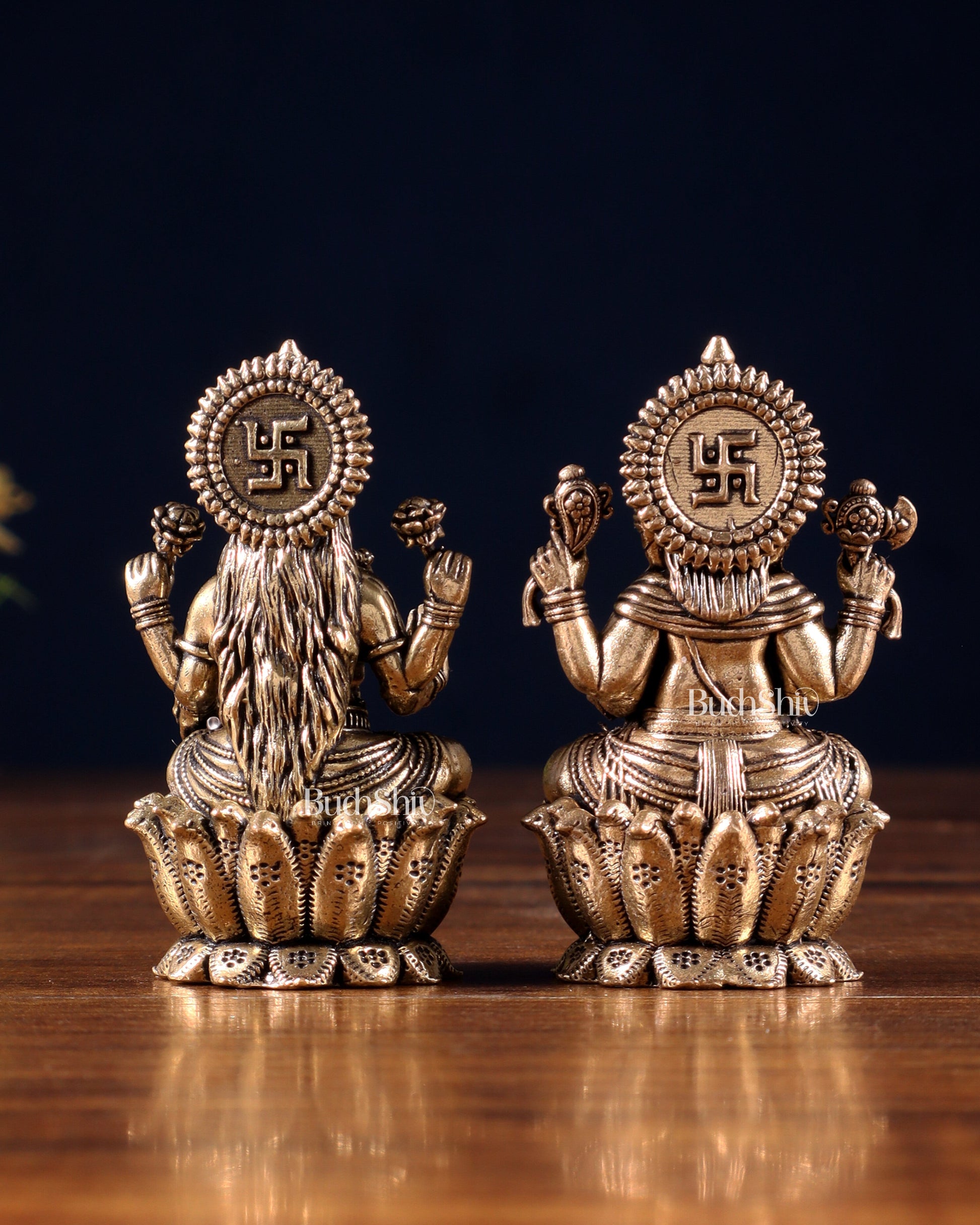 Brass Superfine Ganesh–Lakshmi on Lotus Idol Pair – Miniature (2.5 Inch)