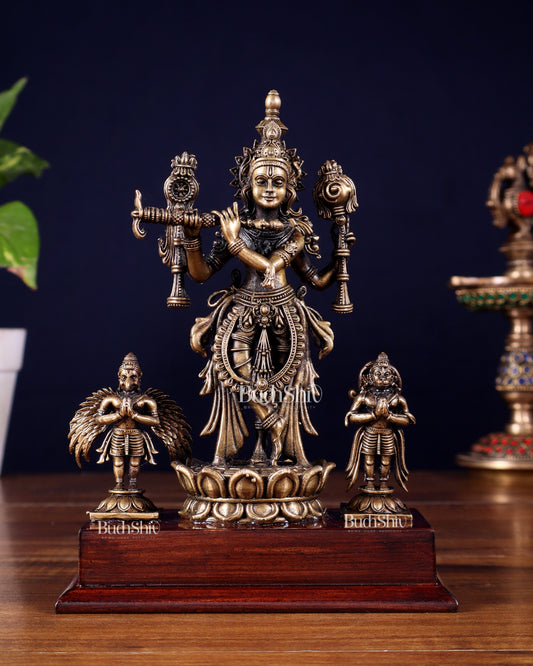Antique Bronze Vishnu Roopam Krishna with Hanuman & Garuda – 7 Inch