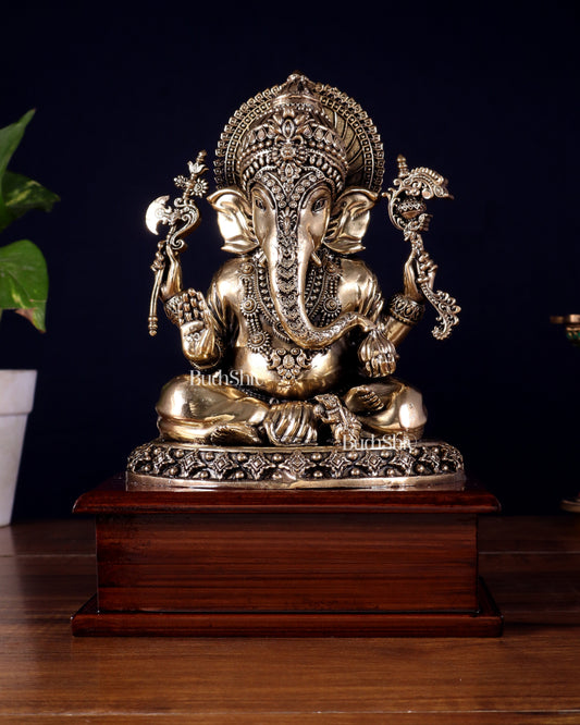 Brass Superfine Ganesha Idol – Intricate Design on Wooden Base (8.5 Inch)