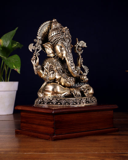 Brass Superfine Ganesha Idol – Intricate Design on Wooden Base (8.5 Inch)