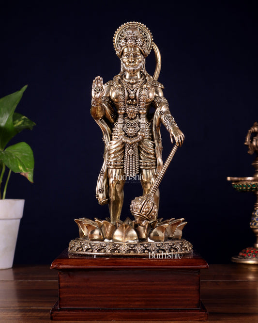 Brass Superfine Hanuman Standing on Lotus – Wooden Base (10.5 Inch)