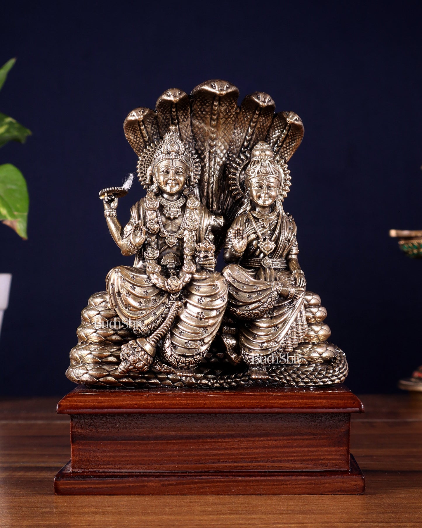 Pure Brass Superfine Lakshmi Narayan on Sheshanaag – on Wooden Base (7 Inch)7