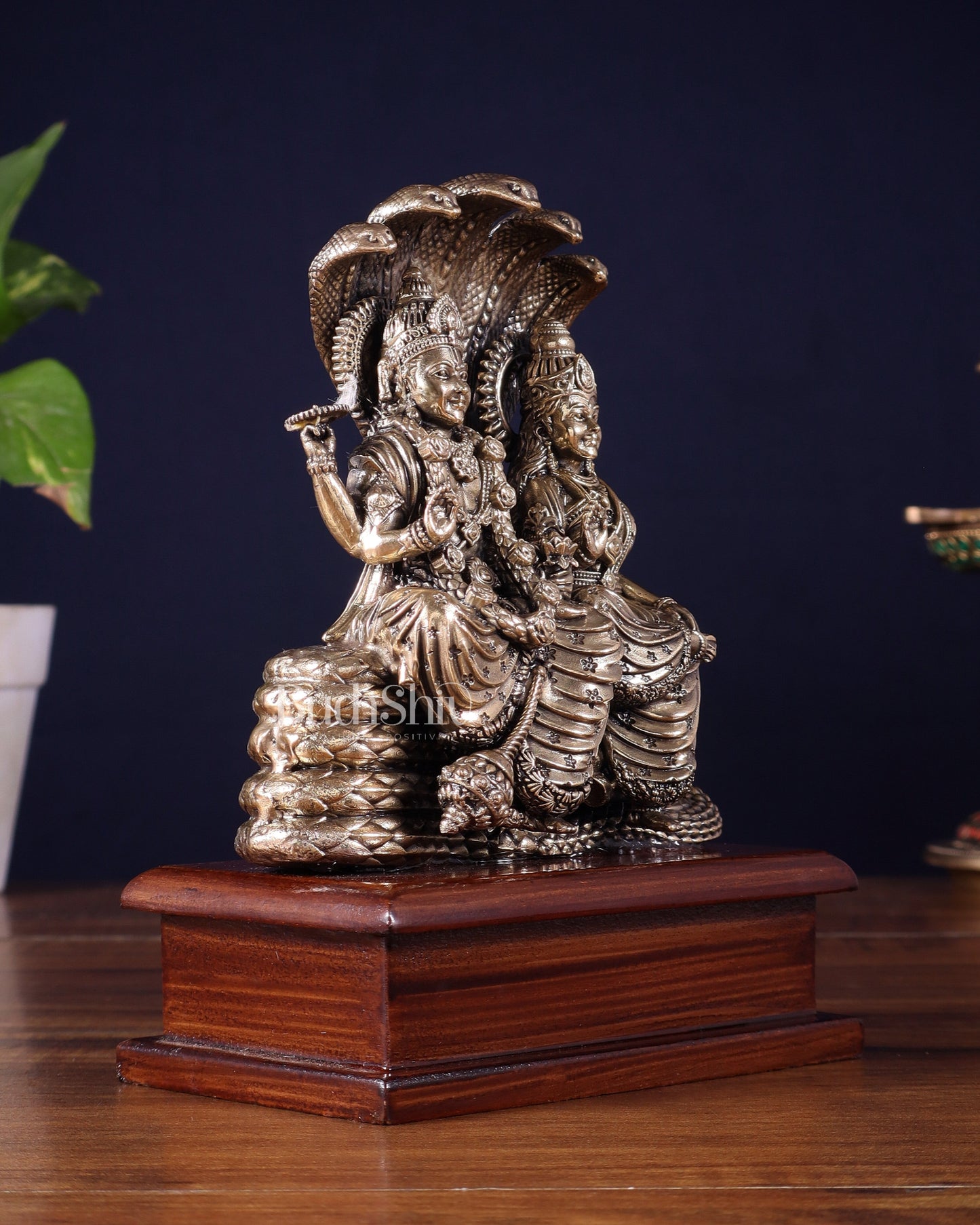 Pure Brass Superfine Lakshmi Narayan on Sheshanaag – on Wooden Base (7 Inch)7