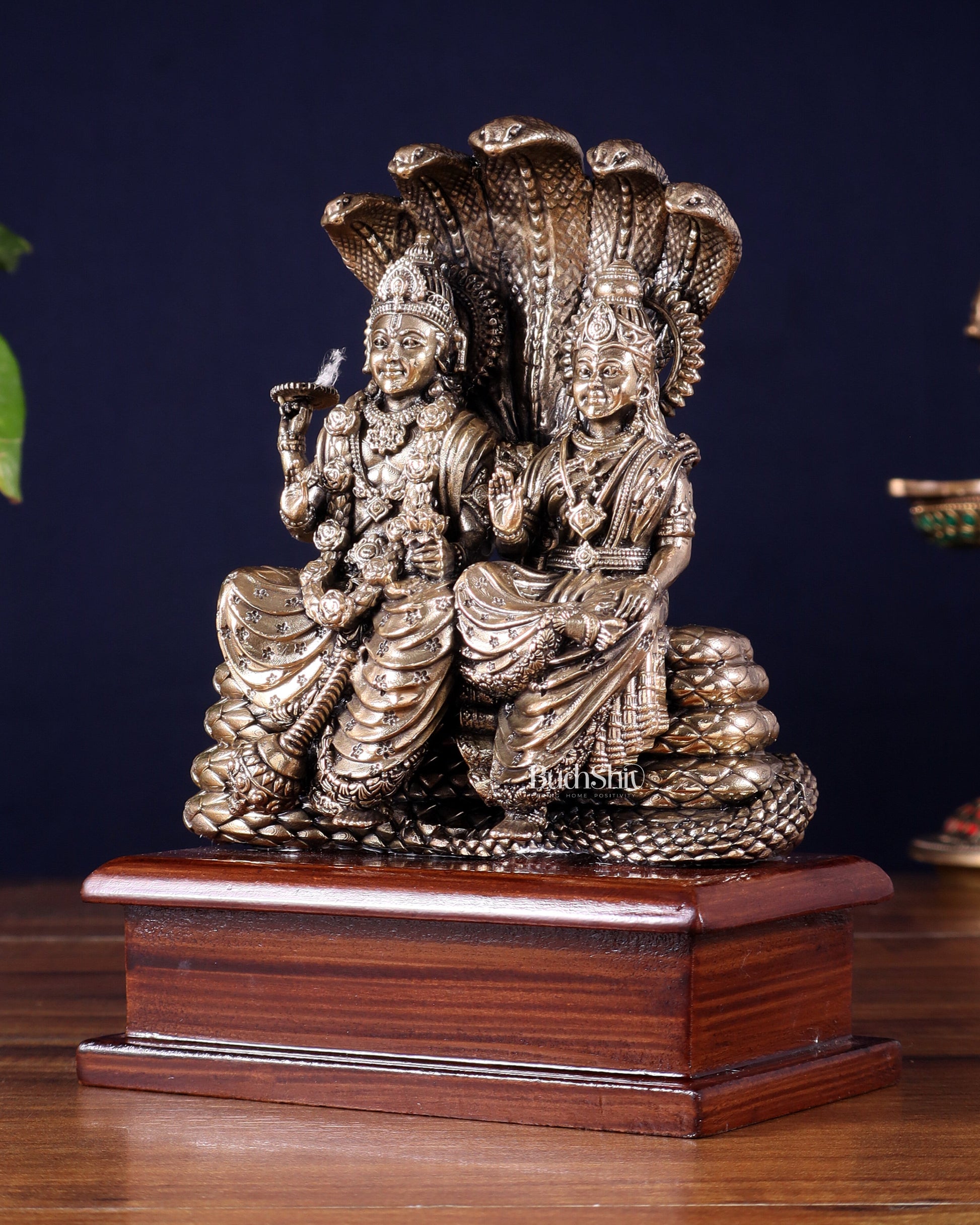 Pure Brass Superfine Lakshmi Narayan on Sheshanaag – on Wooden Base (7 Inch)7