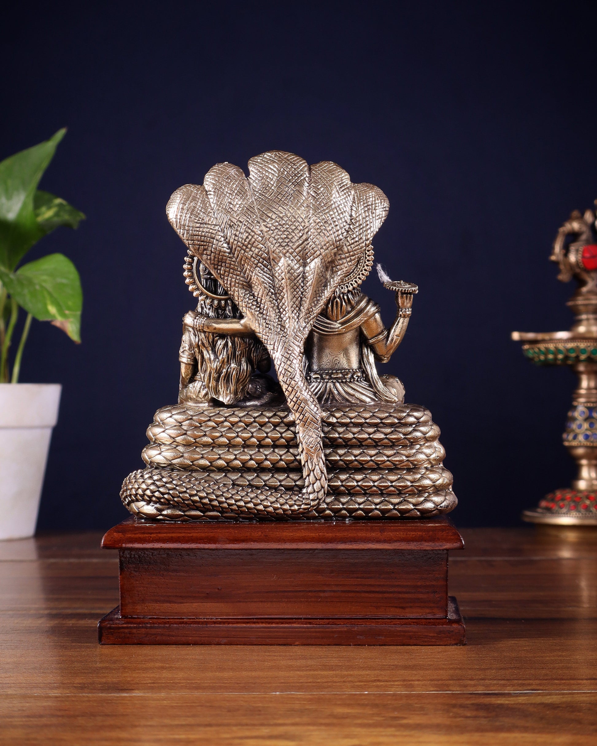 Pure Brass Superfine Lakshmi Narayan on Sheshanaag – on Wooden Base (7 Inch)7