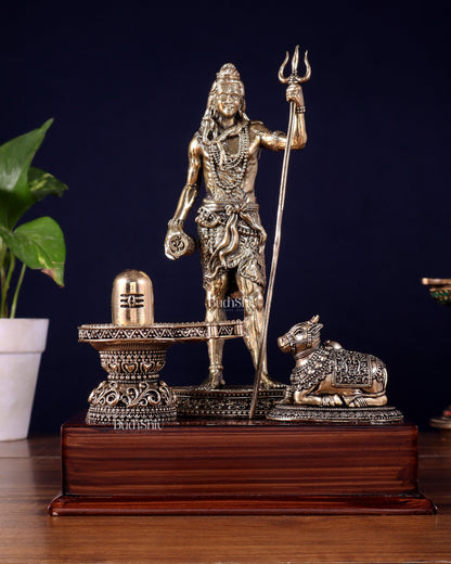 Brass Superfine Standing Lord Shiva with Nandi & Shivling – Wooden Base (9.5 Inch)